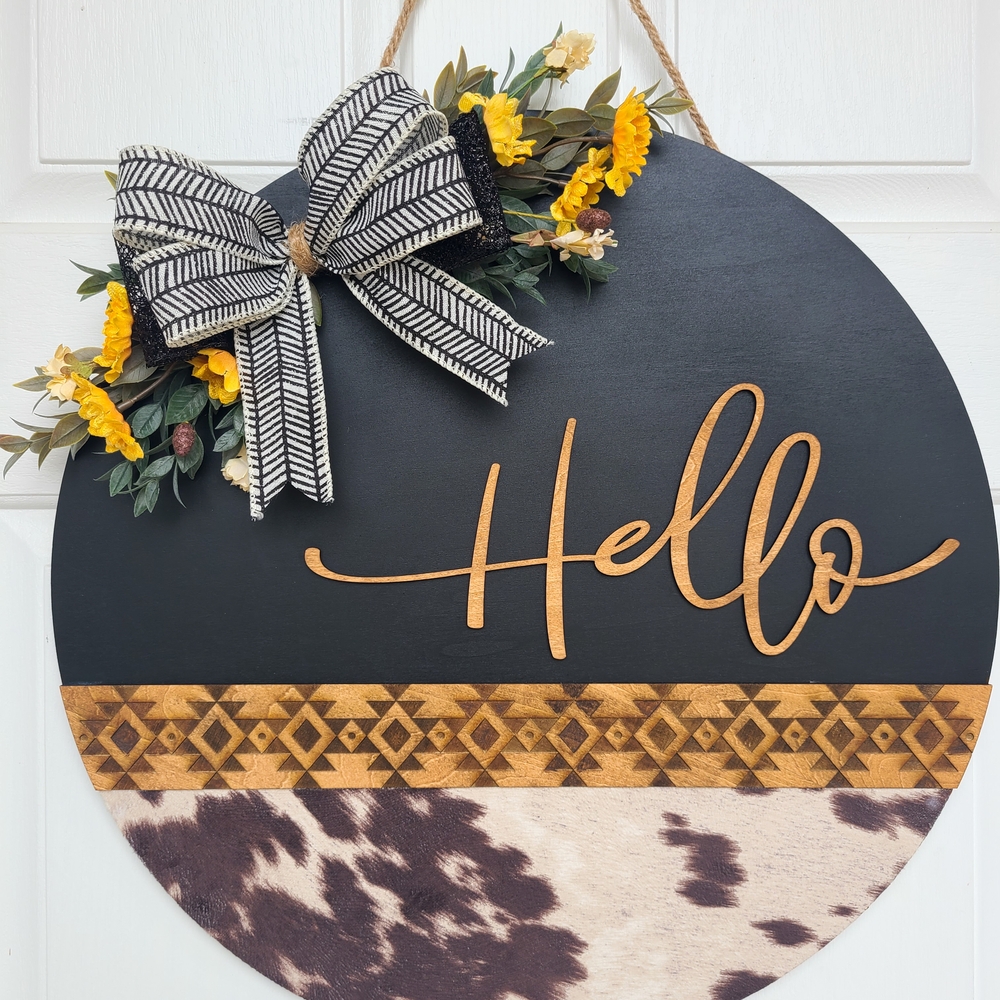 Black and Brown Cowhide Aztec Hello Door Sign with Floral Accents